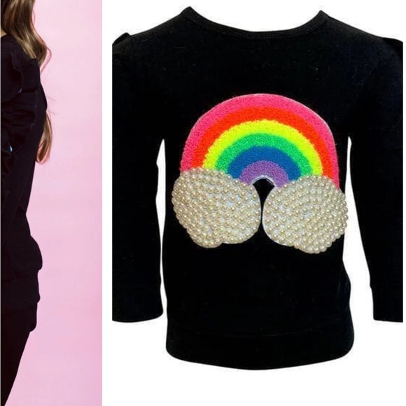 Lola + the Boys ruffle cloud rainbow gem black sweater size 8 - Picture 3 of 6